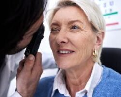Optometry, eye check and woman with an optician for healthcare, consultation and vision exam. Lens